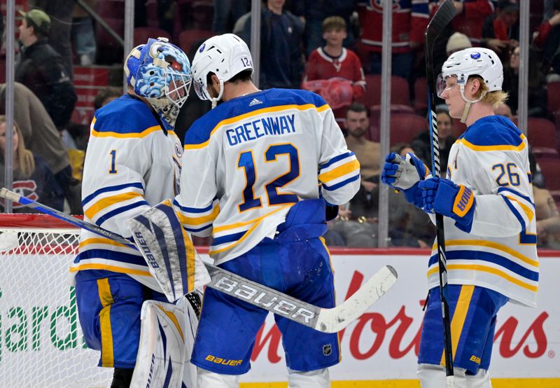 Feb 21, 2024; Montreal, Quebec, CAN; Buffalo Sabres goalie Ukko-Pekka Luukkonen (1) celebrates with teammates forward Jordan Greenway (12) and defenseman Rasmus Dahlin (26) he win against the Montreal Canadiens at the Bell Centre. Mandatory Credit: Eric Bolte-USA TODAY Sports