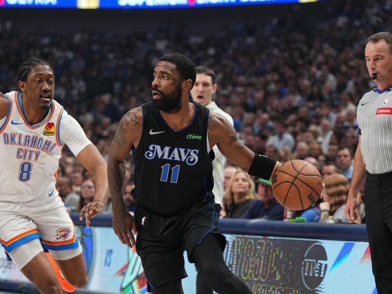 DALLAS, TX - MAY 18:  Kyrie Irving #11 of the Dallas Mavericks goes to the basket during the game  against the Oklahoma City Thunder during Round 2 Game 6 of the 2024 NBA Playoffs  on May 18, 2024  at the American Airlines Center in Dallas, Texas. NOTE TO USER: User expressly acknowledges and agrees that, by downloading and or using this photograph, User is consenting to the terms and conditions of the Getty Images License Agreement. Mandatory Copyright Notice: Copyright 2024 NBAE (Photo by Glenn James/NBAE via Getty Images)