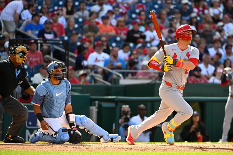May 10, 2025; Washington, District of Columbia, USA; Washington Nationals relief pitcher Jorge Lopez (21) hits a two RBI double against the Washington Nationals during the second inning at Nationals Park. Mandatory Credit: Brad Mills-Imagn Images