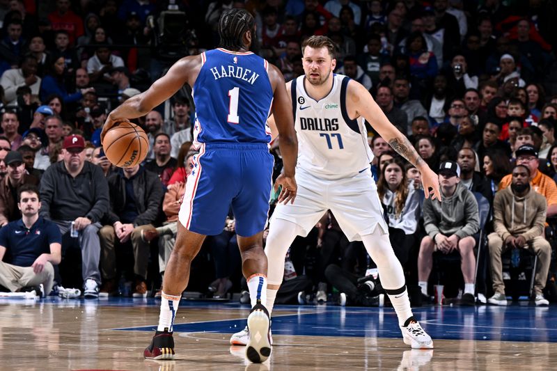 PHILADELPHIA, PA - MARCH 29: Luka Doncic #77 of the Dallas Mavericks plays defense against James Harden #1 of the Philadelphia 76ers during the game on March 29, 2023 at the Wells Fargo Center in Philadelphia, Pennsylvania NOTE TO USER: User expressly acknowledges and agrees that, by downloading and/or using this Photograph, user is consenting to the terms and conditions of the Getty Images License Agreement. Mandatory Copyright Notice: Copyright 2023 NBAE (Photo by David Dow/NBAE via Getty Images)