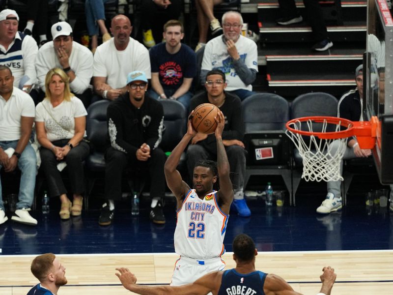 MINNEAPOLIS, MN -  MAY 26: Cason Wallace #22 of the Oklahoma City Thunder passes the ball during the game against the Minnesota Timberwolves during Game Three of the Western Conference Finals on May 26, 2025 at Target Center in Minneapolis, Minnesota. NOTE TO USER: User expressly acknowledges and agrees that, by downloading and or using this Photograph, user is consenting to the terms and conditions of the Getty Images License Agreement. Mandatory Copyright Notice: Copyright 2025 NBAE (Photo by Jordan Johnson/NBAE via Getty Images)