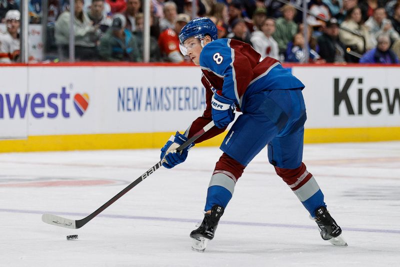 Jan 6, 2024; Denver, Colorado, USA; Colorado Avalanche defenseman Cale Makar (8) controls the puck in the second period against the Florida Panthers at Ball Arena. Mandatory Credit: Isaiah J. Downing-USA TODAY Sports