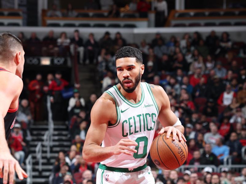 CHICAGO, IL - NOVEMBER 29: Jayson Tatum #0 of the Boston Celtics dribbles the ball during the game against the Chicago Bulls during the Emirates NBA Cup game on November 29, 2024 at United Center in Chicago, Illinois. NOTE TO USER: User expressly acknowledges and agrees that, by downloading and or using this photograph, User is consenting to the terms and conditions of the Getty Images License Agreement. Mandatory Copyright Notice: Copyright 2024 NBAE (Photo by Jeff Haynes/NBAE via Getty Images)