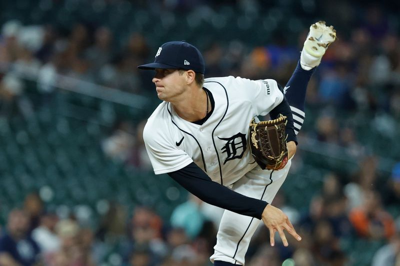 Aug 29, 2023; Detroit, Michigan, USA;  Detroit Tigers relief pitcher Garrett Hill (50) pitches in the ninth inning against the New York Yankees at Comerica Park. Mandatory Credit: Rick Osentoski-USA TODAY Sports