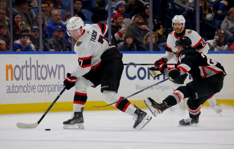 Jan 11, 2024; Buffalo, New York, USA;  Ottawa Senators left wing Brady Tkachuk (7) controls the puck as Buffalo Sabres right wing Jack Quinn (22) defends during the first period at KeyBank Center. Mandatory Credit: Timothy T. Ludwig-USA TODAY Sports