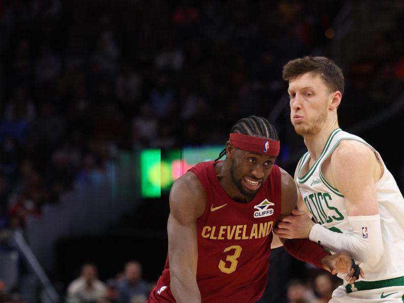 CLEVELAND, OH - DECEMBER 1: Caris LeVert #3 of the Cleveland Cavaliers drives to the basket during the game against the Boston Celtics on December 1, 2024 at Rocket Mortgage FieldHouse in Cleveland, Ohio. NOTE TO USER: User expressly acknowledges and agrees that, by downloading and/or using this Photograph, user is consenting to the terms and conditions of the Getty Images License Agreement. Mandatory Copyright Notice: Copyright 2024 NBAE (Photo by  Lauren Leigh Bacho/NBAE via Getty Images)