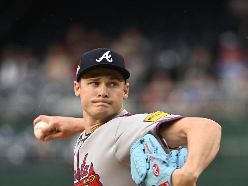 May 22, 2025; Washington, District of Columbia, USA; Atlanta Braves pitcher AJ Smith-Shawver (32) throws to the Washington Nationals during the first inning at Nationals Park. Mandatory Credit: Brad Mills-Imagn Images