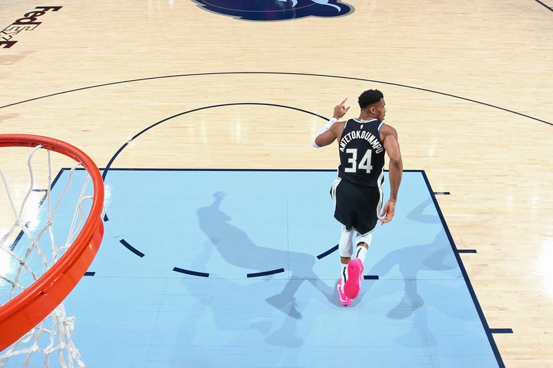 MEMPHIS, TN - FEBRUARY 15: Giannis Antetokounmpo #34 of the Milwaukee Bucks looks on during the game against the Memphis Grizzlies on February 15, 2024 at FedExForum in Memphis, Tennessee. NOTE TO USER: User expressly acknowledges and agrees that, by downloading and or using this photograph, User is consenting to the terms and conditions of the Getty Images License Agreement. Mandatory Copyright Notice: Copyright 2024 NBAE (Photo by Stephen Gosling/NBAE via Getty Images)