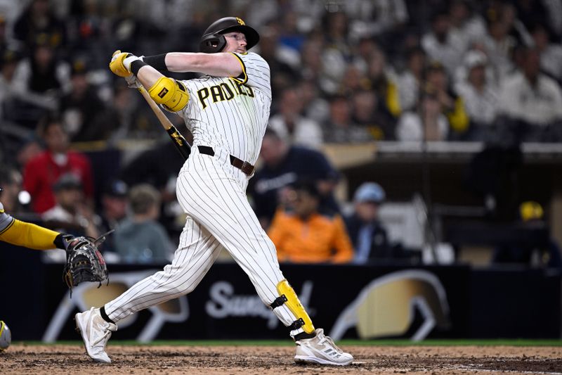 Jun 20, 2024; San Diego, California, USA; San Diego Padres second baseman Jake Cronenworth (9) hits a walk-off home run during the ninth inning against the Milwaukee Brewers at Petco Park. Mandatory Credit: Orlando Ramirez-USA TODAY Sports