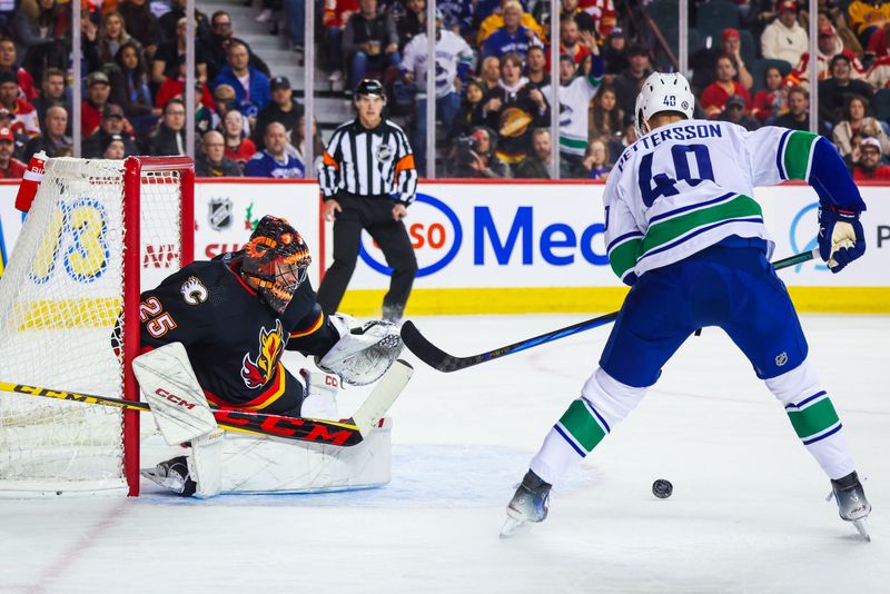 Dec 2, 2023; Calgary, Alberta, CAN; Calgary Flames goaltender Jacob Markstrom (25) guards his net against Vancouver Canucks center Elias Pettersson (40) during the first period at Scotiabank Saddledome. Mandatory Credit: Sergei Belski-USA TODAY Sports