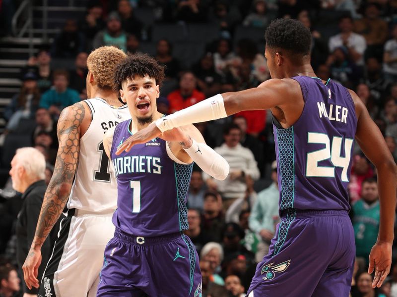 CHARLOTTE, NC - JANUARY 19: LaMelo Ball #1 of the Charlotte Hornets reacts during the game against the San Antonio Spurs on January 19, 2024 at Spectrum Center in Charlotte, North Carolina. NOTE TO USER: User expressly acknowledges and agrees that, by downloading and or using this photograph, User is consenting to the terms and conditions of the Getty Images License Agreement. Mandatory Copyright Notice: Copyright 2024 NBAE (Photo by Kent Smith/NBAE via Getty Images)