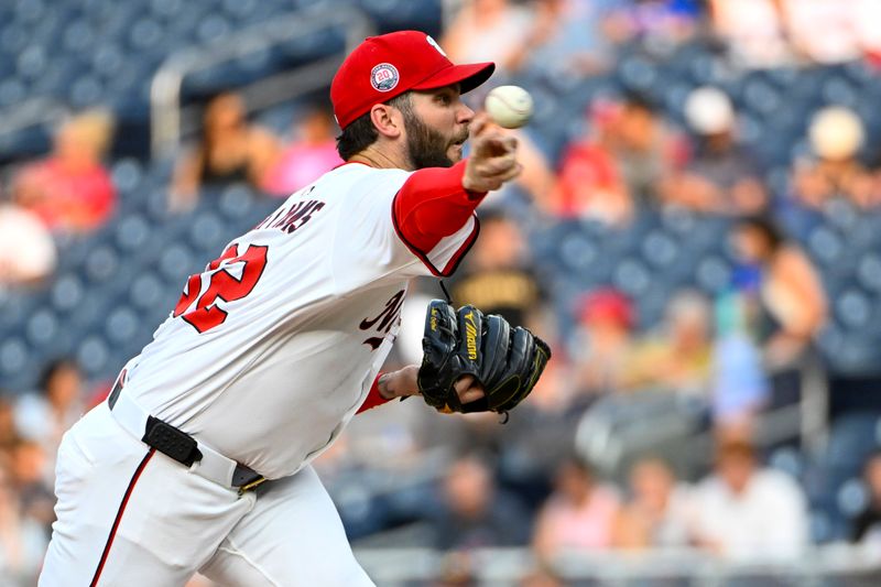 Jun 3, 2025; Washington, District of Columbia, USA; Washington Nationals starting pitcher Trevor Williams (32) throws to the Chicago Cubs during the first inning at Nationals Park. Mandatory Credit: Brad Mills-Imagn Images