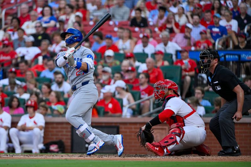 Jun 24, 2025; St. Louis, Missouri, USA;  Chicago Cubs left fielder Seiya Suzuki (27) hits a three run home run against the St. Louis Cardinals during the third inning at Busch Stadium. Mandatory Credit: Jeff Curry-Imagn Images