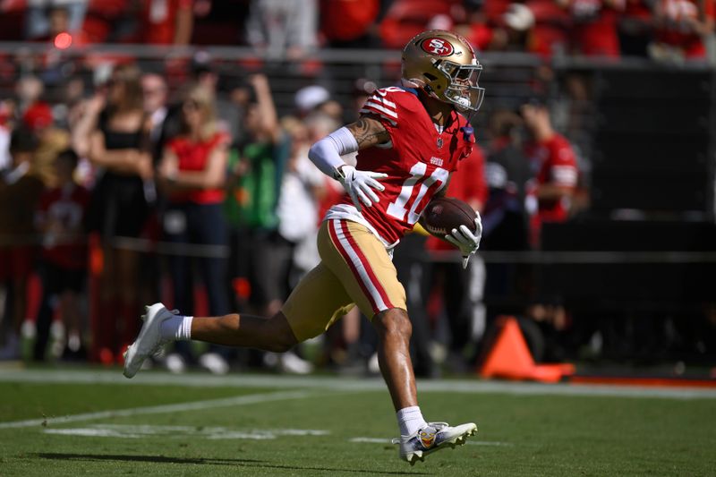 San Francisco 49ers wide receiver Ronnie Bell warms up before an NFL football game against the Kansas City Chiefs in Santa Clara, Calif., Sunday, Oct. 20, 2024. (AP Photo/Eakin Howard)