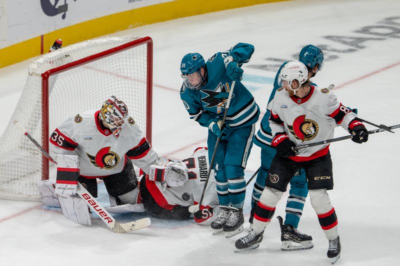 Nov 27, 2024; San Jose, California, USA; Ottawa Senators goaltender Linus Ullmark (35) makes a save against San Jose Sharks left wing Fabian Zetterlund (20) during the second period at SAP Center at San Jose. Mandatory Credit: Neville E. Guard-Imagn Images