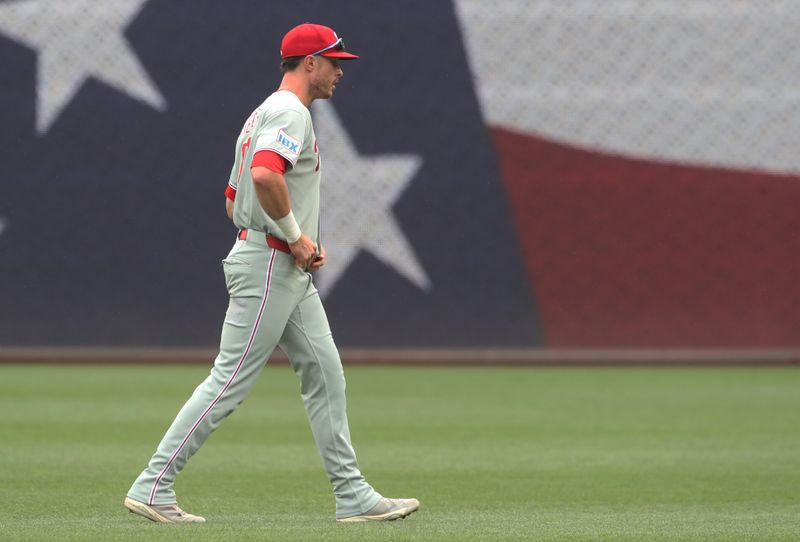 Jun 8, 2025; Pittsburgh, Pennsylvania, USA; Philadelphia Phillies left fielder Max Kepler (17) warms up in the outfield before the game against the Pittsburgh Pirates at PNC Park. Mandatory Credit: Charles LeClaire-Imagn Images