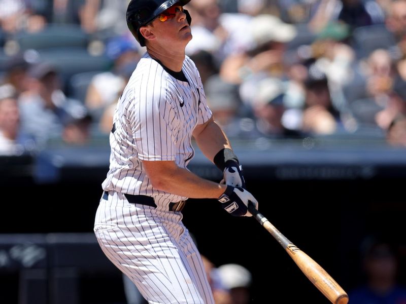 May 17, 2025; Bronx, New York, USA; New York Yankees second baseman DJ LeMahieu (26) watches his solo home run against the New York Mets during the third inning at Yankee Stadium. Mandatory Credit: Brad Penner-Imagn Images