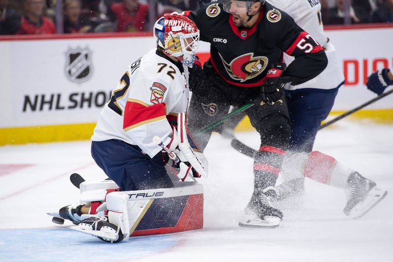 Oct 10, 2024; Ottawa, Ontario, CAN; Ottawa Senators left wing David Perron (57) watches as a shot from center Shane Pinto (12-not pictured) gets past Florida Panthers goalie Sergei Bobrovsky (72) in the first period at the Canadian Tire Centre. Mandatory Credit: Marc DesRosiers-Imagn Images