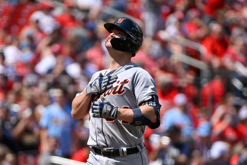 May 7, 2023; St. Louis, Missouri, USA;  Detroit Tigers catcher Jake Rogers (34) reacts after hitting a grand slam against the St. Louis Cardinals during the sixth inning at Busch Stadium. Mandatory Credit: Jeff Curry-USA TODAY Sports