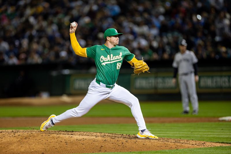 Sep 20, 2024; Oakland, California, USA; Oakland Athletics pitcher Mason Miller (19) throws a pitch during the ninth inning against the New York Yankees at Oakland-Alameda County Coliseum. Mandatory Credit: Bob Kupbens-Imagn Images