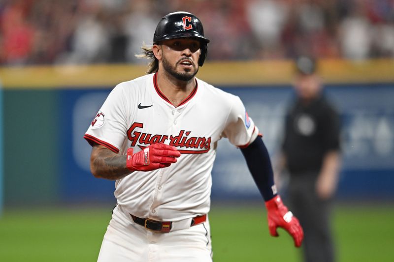 Sep 27, 2025; Cleveland, Ohio, USA; Cleveland Guardians shortstop Gabriel Arias (13) advances to third base on a triple against the Texas Rangers during the fifth inning at Progressive Field. Mandatory Credit: Ken Blaze-Imagn Images