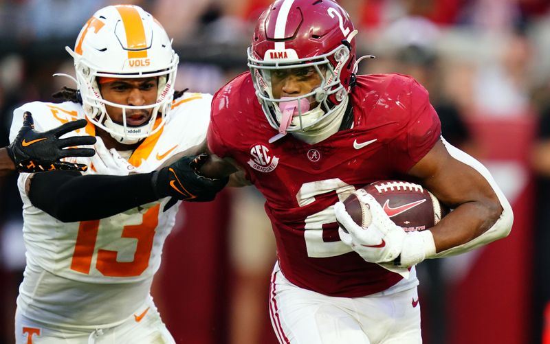 Oct 21, 2023; Tuscaloosa, Alabama, USA; Alabama Crimson Tide running back Jase McClellan (2) carries the ball against the Tennessee Volunteers during the second half at Bryant-Denny Stadium. Mandatory Credit: John David Mercer-USA TODAY Sports