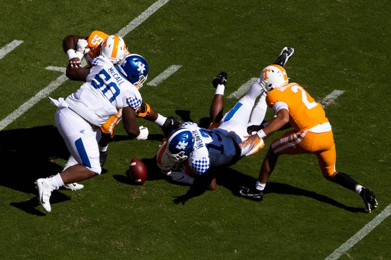 Oct 17, 2020; Knoxville, TN, USA; Tennessee quarterback Jarrett Guarantano (2) fumbles the ball and watches as its recovered by Kentucky during a SEC conference football game between the Tennessee Volunteers and the Kentucky Wildcats held at Neyland Stadium in Knoxville, Tenn., on Saturday, October 17, 2020. Mandatory Credit: Brianna Paciorka-USA TODAY NETWORK