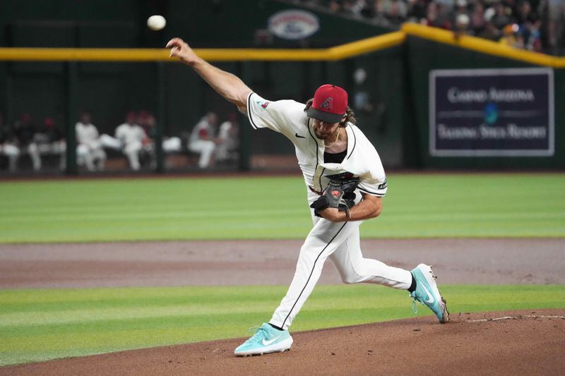 Jul 26, 2024; Phoenix, Arizona, USA; Arizona Diamondbacks pitcher Zac Gallen (23) pitches against the Pittsburgh Pirates during the first inning at Chase Field. Mandatory Credit: Joe Camporeale-USA TODAY Sports