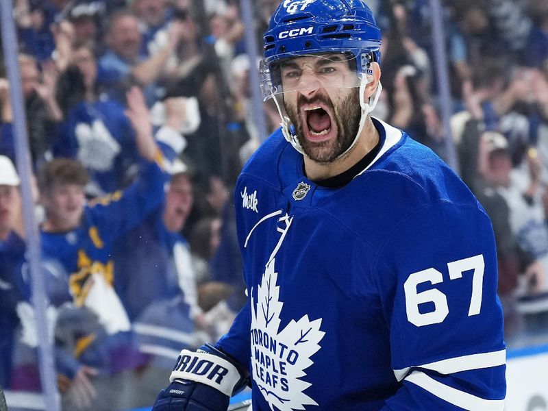 May 7, 2025; Toronto, Ontario, CAN; Toronto Maple Leafs left wing Max Pacioretty (67) celebrates after scoring a goal against the Florida Panthers during the first period in game two of the second round of the 2025 Stanley Cup Playoffs at Scotiabank Arena. Mandatory Credit: Nick Turchiaro-Imagn Images