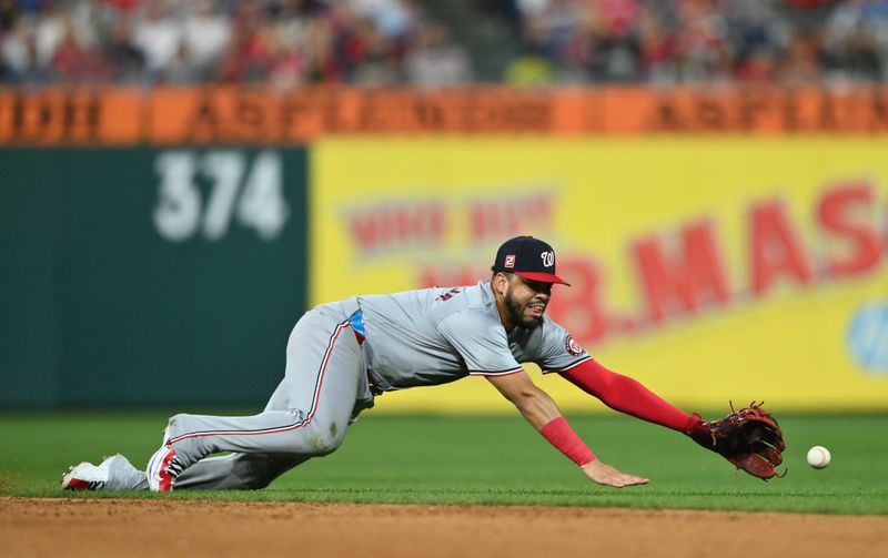 Aug 17, 2024; Philadelphia, Pennsylvania, USA; Washington Nationals infielder Luis Garcia Jr (2) dives for a ground ball against the Philadelphia Phillies in the sixth inning at Citizens Bank Park. Mandatory Credit: Kyle Ross-USA TODAY Sports