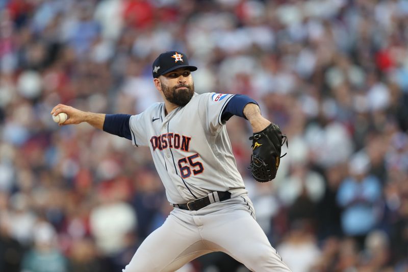 Oct 11, 2023; Minneapolis, Minnesota, USA; Houston Astros starting pitcher Jose Urquidy (65) throws a pitch in the first inning against the Minnesota Twins during game four of the ALDS for the 2023 MLB playoffs at Target Field. Mandatory Credit: Jesse Johnson-USA TODAY Sports