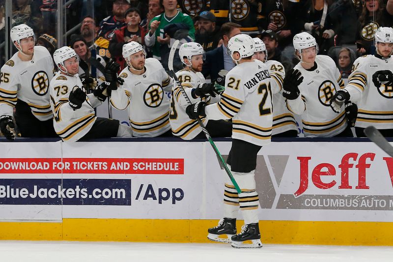 Jan 2, 2024; Columbus, Ohio, USA; Boston Bruins left wing James van Riemsdyk (21) celebrates his goal against the Columbus Blue Jackets during the second period at Nationwide Arena. Mandatory Credit: Russell LaBounty-USA TODAY Sports