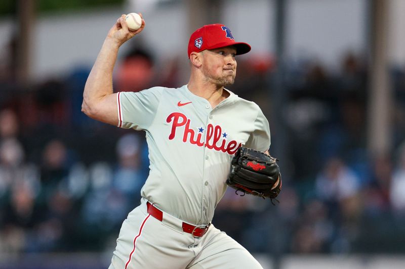 Mar 19, 2024; Lakeland, Florida, USA;  Philadelphia Phillies Andrew Bellatti (64) throws a pitch against the Detroit Tigers in the seventh inning at Publix Field at Joker Marchant Stadium. Mandatory Credit: Nathan Ray Seebeck-USA TODAY Sports