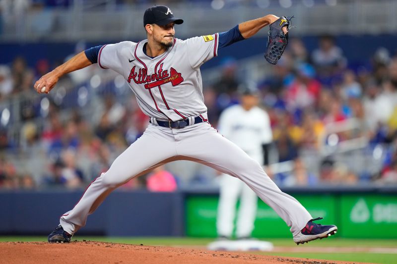 Sep 17, 2023; Miami, Florida, USA; Atlanta Braves starting pitcher Charlie Morton (50) throws a pitch against the Miami Marlins during the first inning at loanDepot Park. Mandatory Credit: Rich Storry-USA TODAY Sports