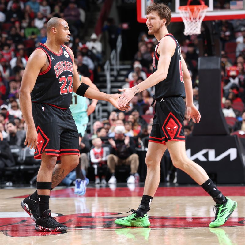 CHICAGO, IL - DECEMBER 13: Talen Horton-Tucker #22 and Matas Buzelis #14 of Chicago Bulls high five during the game against the Charlotte Hornets on December 13, 2024 at United Center in Chicago, Illinois. NOTE TO USER: User expressly acknowledges and agrees that, by downloading and or using this photograph, User is consenting to the terms and conditions of the Getty Images License Agreement. Mandatory Copyright Notice: Copyright 2024 NBAE (Photo by Jeff Haynes/NBAE via Getty Images)