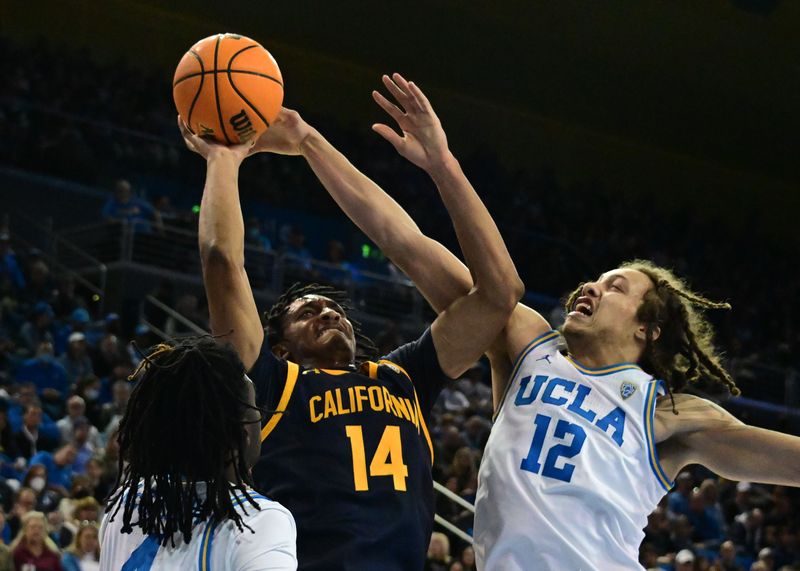 Feb 18, 2023; Los Angeles, California, USA; California Golden Bears forward Grant Newell (14) shoots against UCLA Bruins forward Mac Etienne (12)  in a college basketball game at Pauley Pavilion presented by Wescom. Mandatory Credit: Richard Mackson-USA TODAY Sports