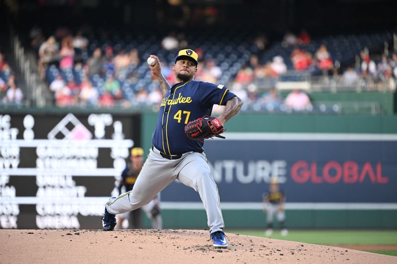 Aug 2, 2024; Washington, District of Columbia, USA; Milwaukee Brewers starting pitcher Frankie Montas (47) throws a pitch against the Washington Nationals during the first inning at Nationals Park. Mandatory Credit: Rafael Suanes-USA TODAY Sports