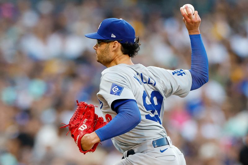 Jul 31, 2024; San Diego, California, USA; Los Angeles Dodgers relief pitcher Joe Kelly (99) pitches during the fourth inning against the Los Angeles Dodgers at Petco Park. Mandatory Credit: David Frerker-USA TODAY Sports