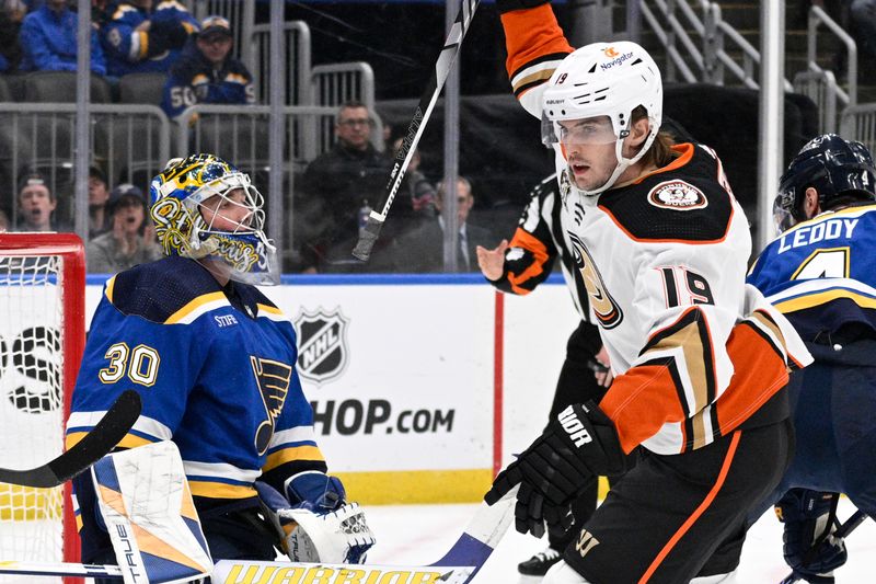 Mar 17, 2024; St. Louis, Missouri, USA; Anaheim Ducks right wing Troy Terry (19) reacts after scoring a goal against the St. Louis Blues during the first period at Enterprise Center. Mandatory Credit: Jeff Le-USA TODAY Sports