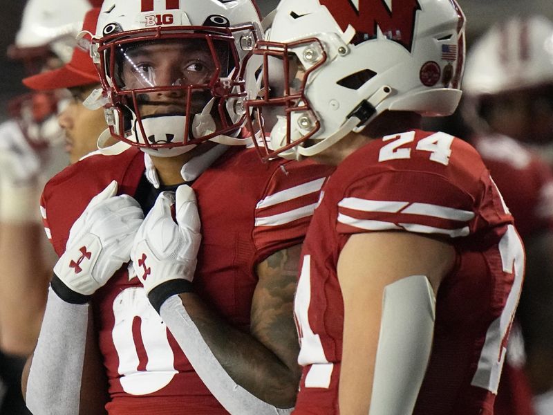 Nov 11, 2023; Madison, Wisconsin, USA; Wisconsin running back Braelon Allen (0) stands on the sidelines during the fourth quarter against the Northwestern Wildcats at Camp Randall Stadium. Mandatory Credit: Mark Hoffman-USA TODAY Sports