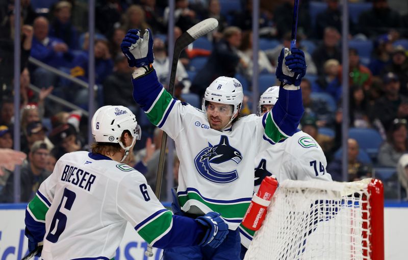 Nov 29, 2024; Buffalo, New York, USA;  Vancouver Canucks right wing Conor Garland (8) celebrates his goal with right wing Brock Boeser (6) during the third period against the Buffalo Sabres at KeyBank Center. Mandatory Credit: Timothy T. Ludwig-Imagn Images