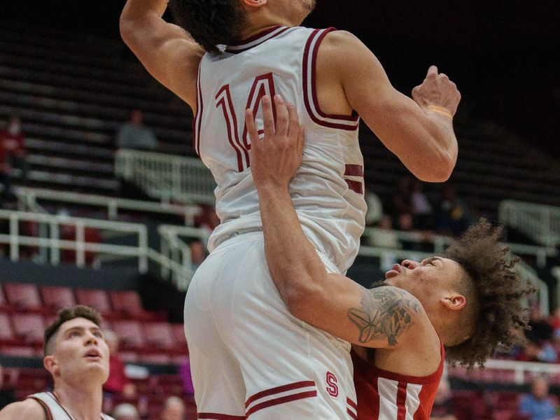 Feb 23, 2023; Stanford, California, USA;  Washington State Cougars forward DJ Rodman (11)  is fouled by Stanford Cardinal forward Spencer Jones (14) during the second half at Maples Pavilion. Mandatory Credit: Neville E. Guard-USA TODAY Sports