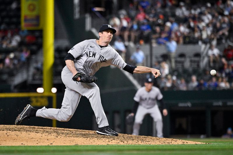 Sep 2, 2024; Arlington, Texas, USA; New York Yankees relief pitcher Tim Hill (54) pitches against the Texas Rangers during the ninth inning at Globe Life Field. Mandatory Credit: Jerome Miron-USA TODAY Sports