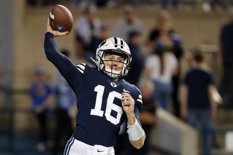 Sep 25, 2021; Provo, Utah, USA;  Brigham Young Cougars quarterback Baylor Romney (16) warms up prior to their game against the South Florida Bulls at LaVell Edwards Stadium. Mandatory Credit: Jeffrey Swinger-USA TODAY Sports