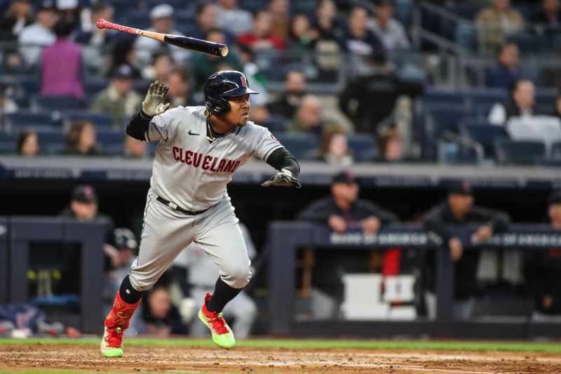 May 2, 2023; Bronx, New York, USA;  Cleveland Guardians third baseman Jose Ramirez (11) hits a single in the third inning against the New York Yankees at Yankee Stadium. Mandatory Credit: Wendell Cruz-USA TODAY Sports