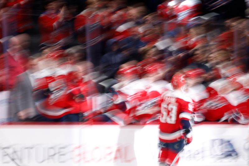 Jan 13, 2026; Washington, District of Columbia, USA; Washington Capitals center Ethen Frank (53) celebrates with teammates after scoring a goal against the Montréal Canadiens during the third period at Capital One Arena. Mandatory Credit: Geoff Burke-Imagn Images