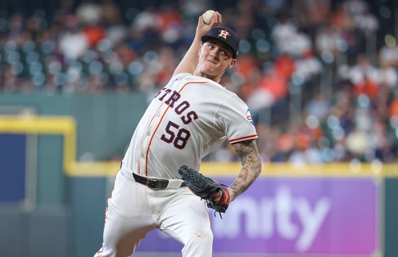 May 22, 2024; Houston, Texas, USA; Houston Astros starting pitcher Hunter Brown (58) delivers a pitch during the fifth inning against the Los Angeles Angels at Minute Maid Park. Mandatory Credit: Troy Taormina-USA TODAY Sports