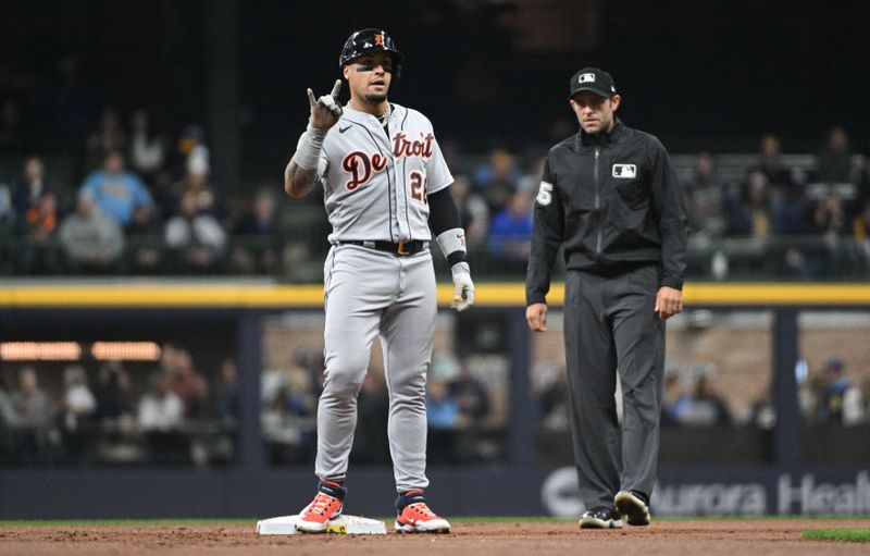 Apr 25, 2023; Milwaukee, Wisconsin, USA; Detroit Tigers shortstop Javier Baez (28) celebrates hitting a double in the second inning against the Milwaukee Brewers at American Family Field. Mandatory Credit: Michael McLoone-USA TODAY Sports