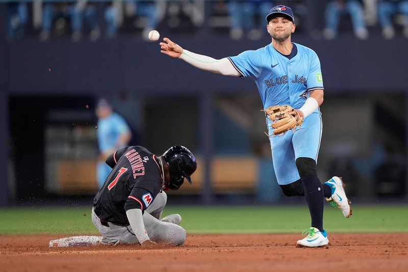 May 4, 2025; Toronto, Ontario, CAN; Toronto Blue Jays shortstop Bo Bichette (11) throws to first base afetr getting Cleveland Guardians center fielder Angel Martinez (1) out at second base during the third inning at Rogers Centre. Mandatory Credit: John E. Sokolowski-Imagn Images
