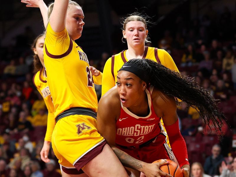 Feb 8, 2024; Minneapolis, Minnesota, USA; Ohio State Buckeyes forward Cotie McMahon (32) works around Minnesota Golden Gophers forward Mallory Heyer (24) during the second half at Williams Arena. Mandatory Credit: Matt Krohn-USA TODAY Sports